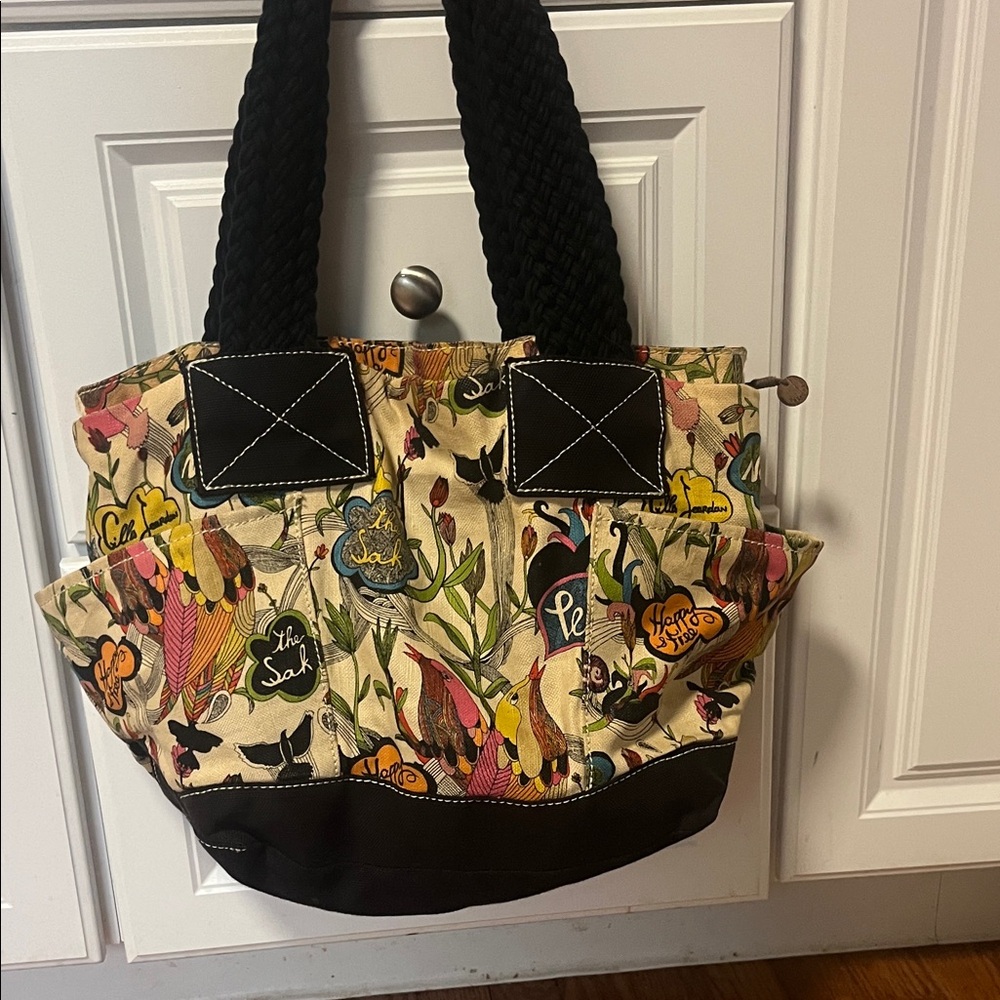 Sakroots Floral Cotton/Jute Tote Bag with Black Trim and Braided Handles